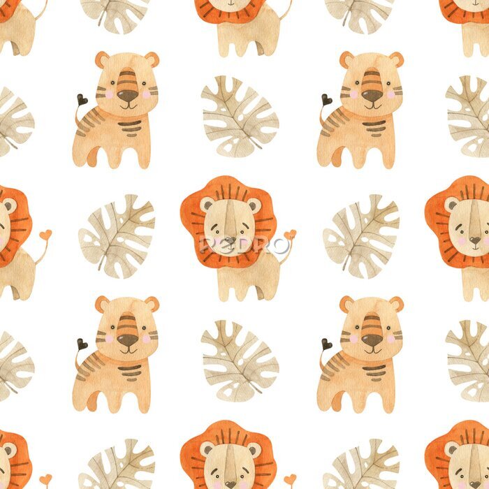 Fototapete Watercolor seamless pattern with lion cub, tiger cub and monstera.