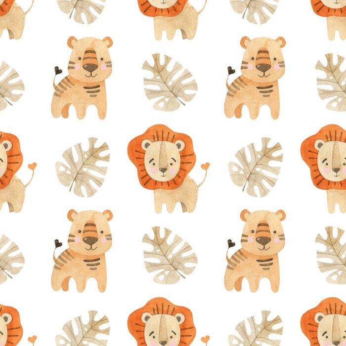 Fototapete Watercolor seamless pattern with lion cub, tiger cub and monstera.