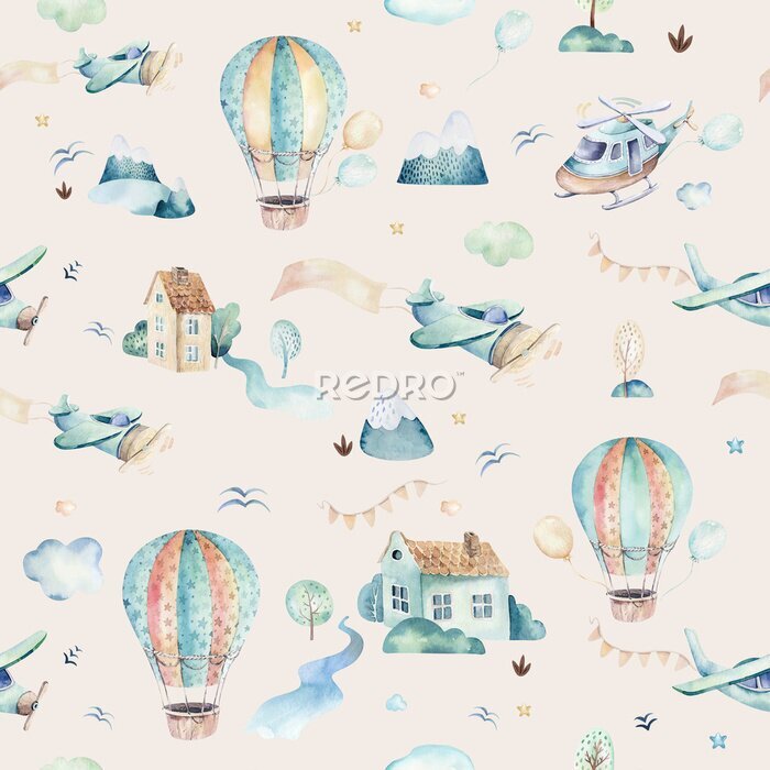 Fototapete Watercolor set background illustration of a cute cartoon and fancy sky scene complete with airplanes, helicopters, plane and balloons, clouds. Boy seamless pattern. It's a baby shower design