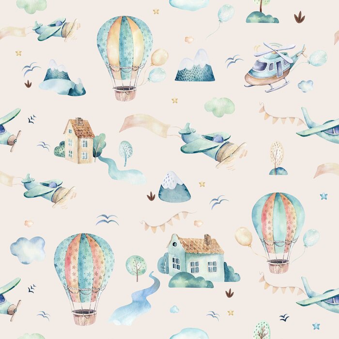 Fototapete Watercolor set background illustration of a cute cartoon and fancy sky scene complete with airplanes, helicopters, plane and balloons, clouds. Boy seamless pattern. It's a baby shower design
