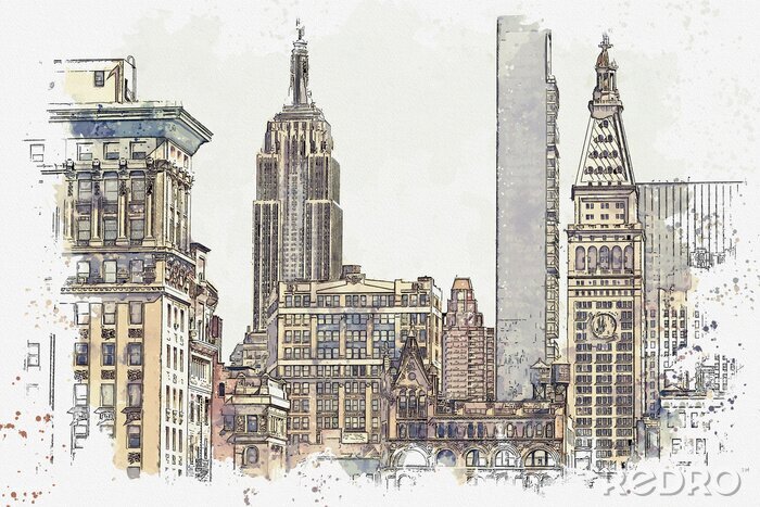 Fototapete Watercolor sketch or illustration of a beautiful view of the New York City with urban skyscrapers