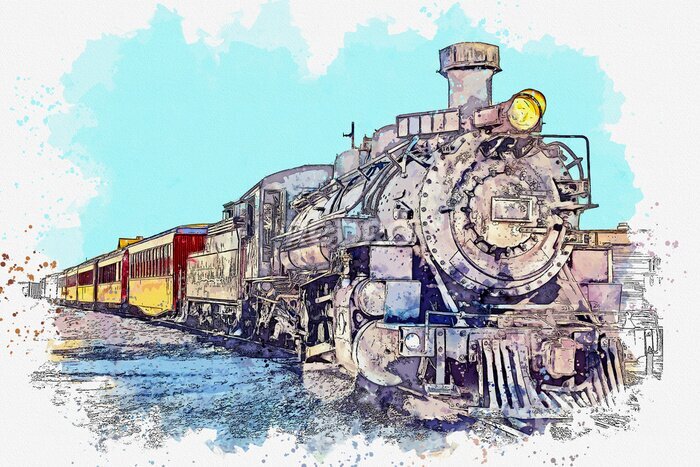 Fototapete Watercolor sketch or illustration of an old fashioned train. Transportation of passengers and goods by train