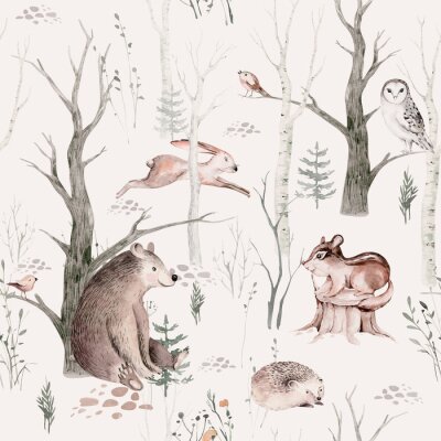 Fototapete Watercolor Woodland animal Scandinavian seamless pattern. Fabric wallpaper background with Owl, hedgehog, fox and butterfly, rabbit forest squirrel and chipmunk, bear and bird baby animal,