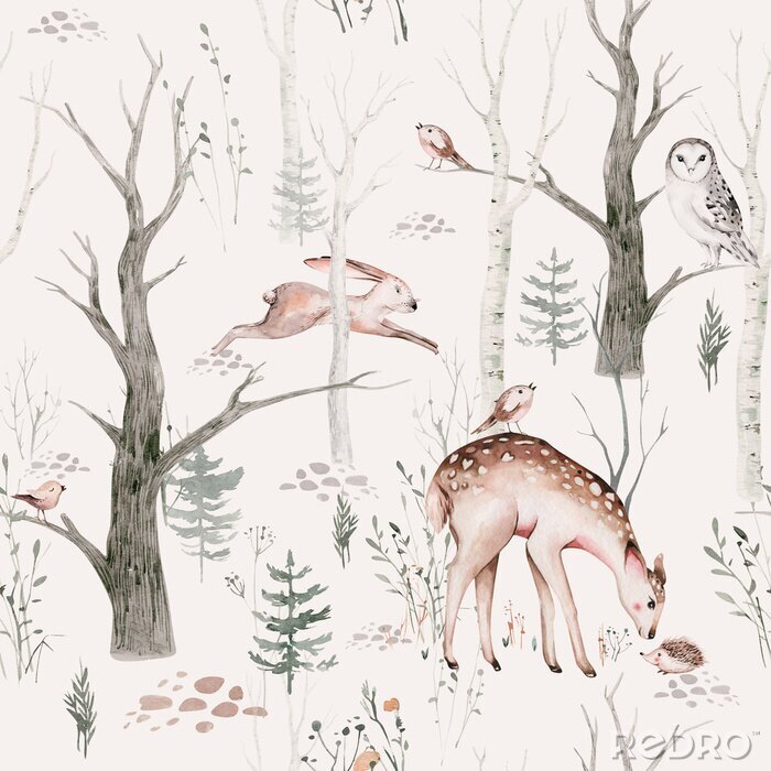 Fototapete Watercolor Woodland animal Scandinavian seamless pattern. Fabric wallpaper background with Owl, hedgehog, fox and butterfly, rabbit forest squirrel and chipmunk, bear and bird baby animal,
