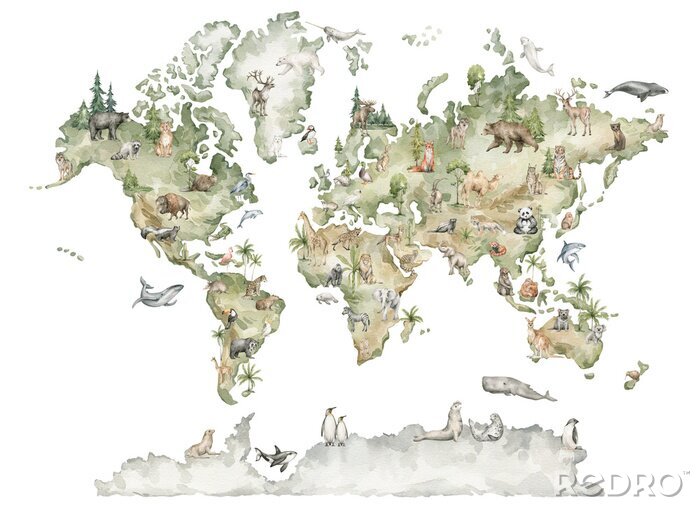 Fototapete Watercolor world map with animals and natural elements. Geographical map. Hand-painted earth isolated on white. Nursery print
