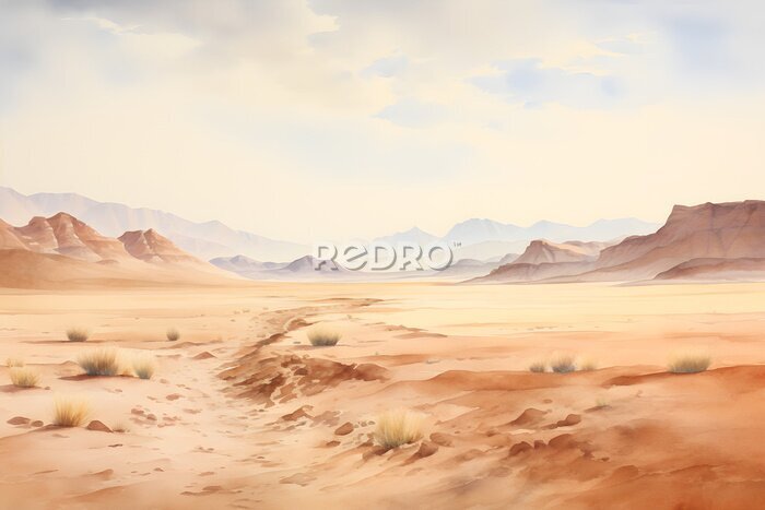 Fototapete watercolour painting of the desert landscape, a picturesque arid environment in soft natural harmonious colours