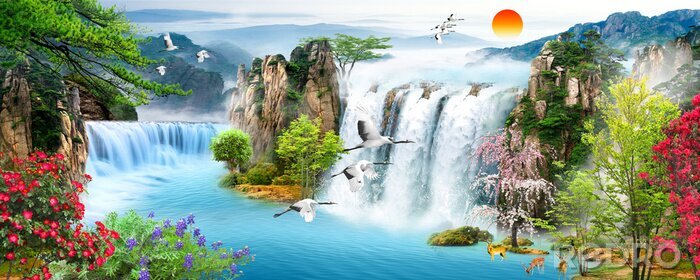 Fototapete Waterfall, flying birds