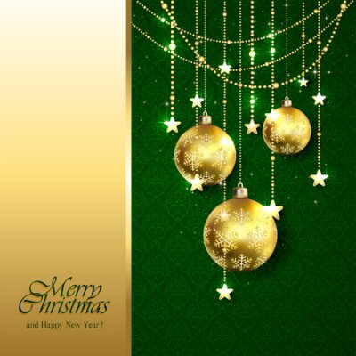 Fototapete Weihnachten Hintergrund mit goldenen Kugeln und dekorative Elemente auf grünem Hintergrund, Illustration.