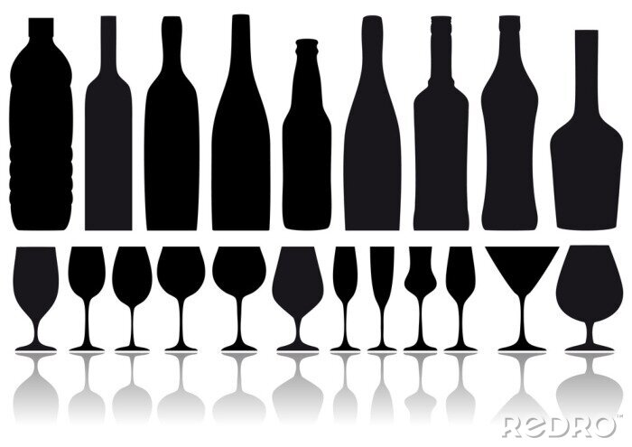 Fototapete Weinflaschen und Gläser auf schwarz-weißem Hintergrund