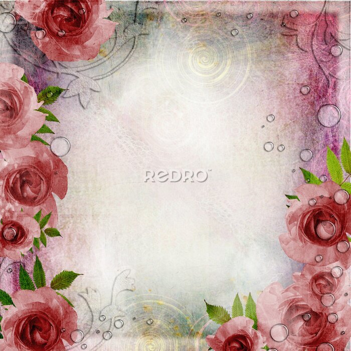 Fototapete Weinlese- rosa und grünem Hintergrund mit Rosen ( 1 Satz)