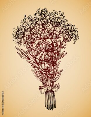 Fototapete Weinleseblumenstrauß der Blumen. Hand gezeichnet Retro Skizze Lavendel Blume. Abbildung