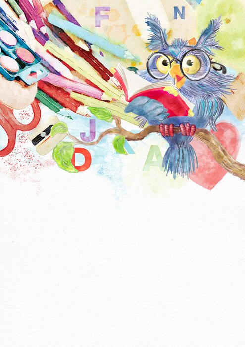 Fototapete Weise Eule liest ein Buch auf einem Ast