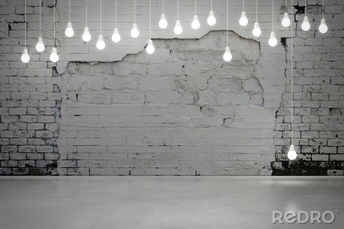 Fototapete Weiße Backsteinmauer und Glühbirnen
