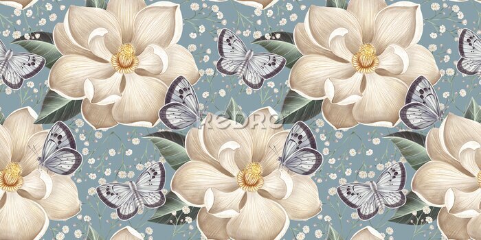Fototapete Weiße Frühlingsblumen und Schmetterlinge