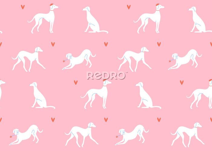 Fototapete Weiße Hunde im französischen Stil inmitten von Herzen auf rosa Hintergrund