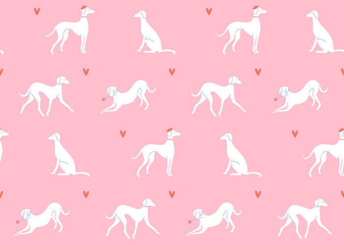 Fototapete Weiße Hunde im französischen Stil inmitten von Herzen auf rosa Hintergrund