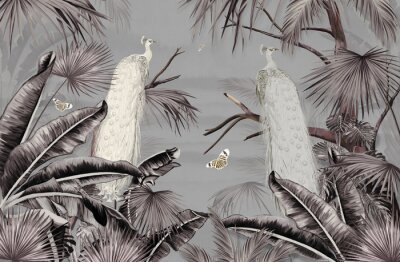 Fototapete Weiße Pfauen unter Palmen, Tropische Landschaft