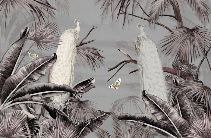 Fototapete Weiße Pfauen unter Palmen, Tropische Landschaft