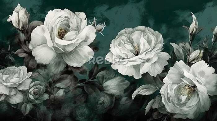 Fototapete Weiße Rosen auf dunkelgrünem Hintergrund