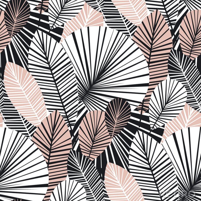 Fototapete Weiße und rosa grafische exotische Blätter