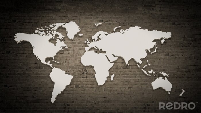 Fototapete Weiße Weltkarte auf Ziegeln