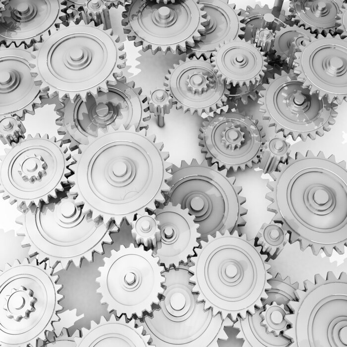 Fototapete Weißer Mechanismus mit Zahnrädern