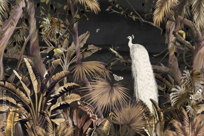 Fototapete Weißer Pfau unter Tropischen Pflanzen im Dschungel