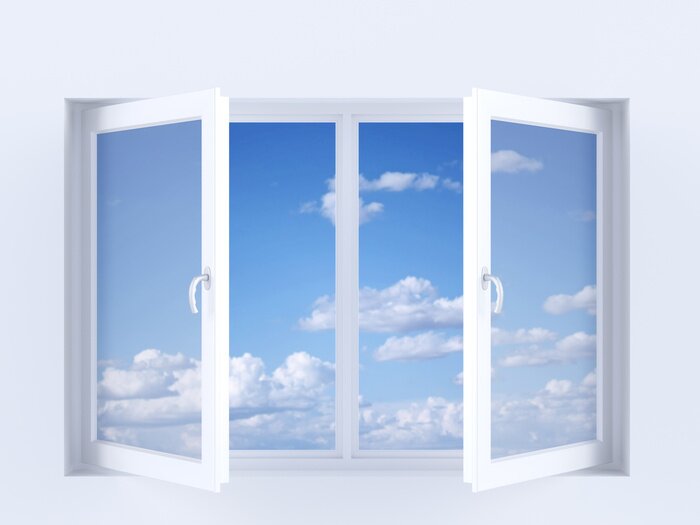 Fototapete Weißes fenster mit ausblick auf himmel