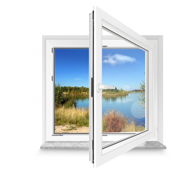 Fototapete Weißes fenster mit ausblick auf see