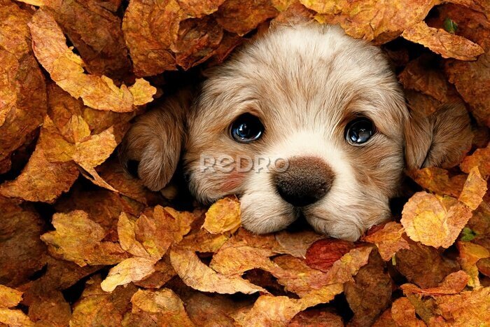 Fototapete Welpe spielt in einem Haufen Herbstblätter