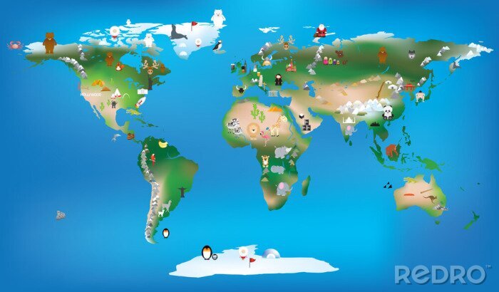 Fototapete Weltkarte für Kinder mit Karikaturen von Tieren und berühmten lan