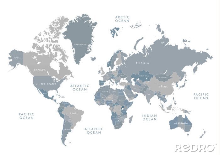 Fototapete Weltkarte in Grau nach Ländern