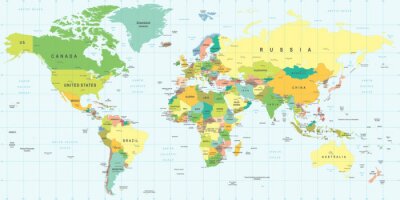 Fototapete Weltkarte mit Breitenkreisen und Meridianen