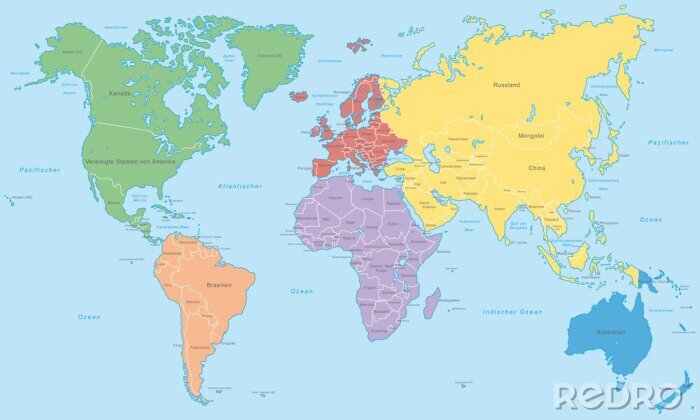 Fototapete Weltkarte mit bunten Kontinenten