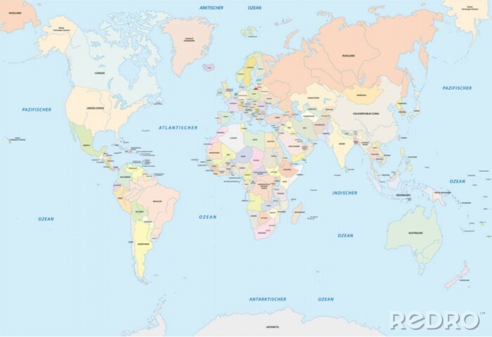 Fototapete Weltkarte mit deutschen Aufschriften