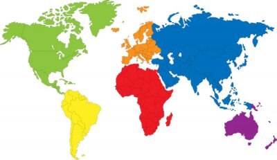 Fototapete Weltkarte mit Grenzen zwischen Kontinenten