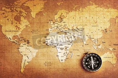 Fototapete Weltkarte mit Kompass unten