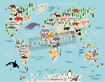 Fototapete Weltkarte mit Ozeanen und Tieren