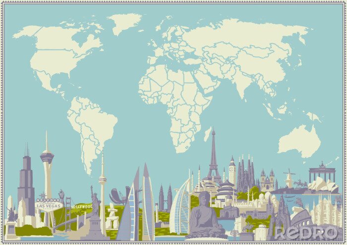 Fototapete Weltkarte mit Sehenswürdigkeiten