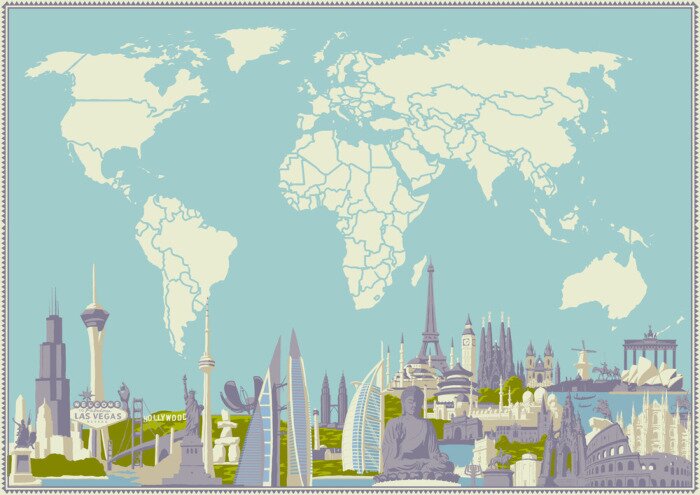 Fototapete Weltkarte mit Sehenswürdigkeiten