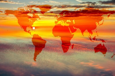 Fototapete Weltkarte mit Sonnenuntergang
