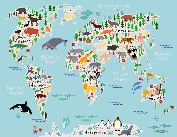 Fototapete Weltkarte mit Tieren - englische Version