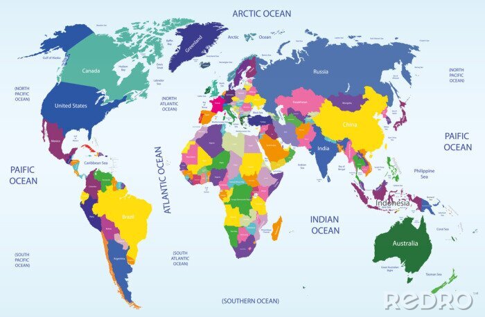 Fototapete Weltkarte mit unterschriebenen Ozeanen