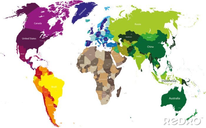 Fototapete Weltkarte von Kontinenten gefärbt