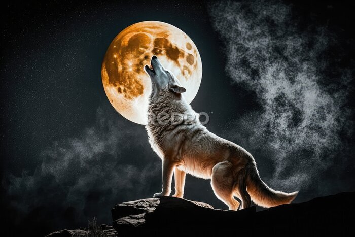 Fototapete white wolf howling at the moon, generative AI