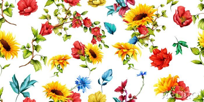 Fototapete Wide seamless pattern of sunflowers with pomegranate buds and cornflowers on white. Abstract. Hand drawn. Watercolor. Vector - stock. 