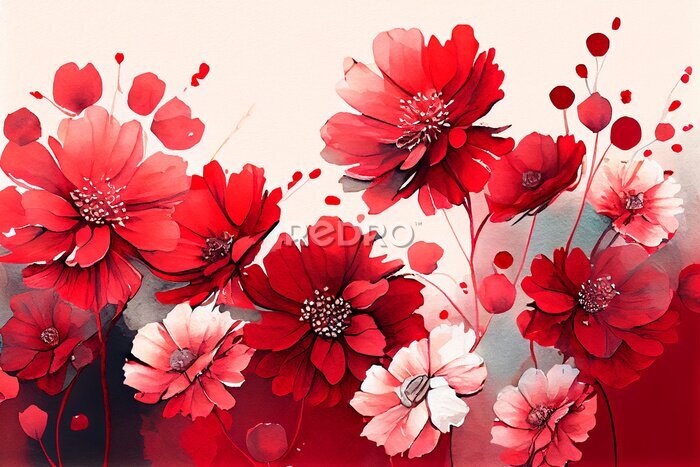 Fototapete Wiese mit roten kleinen Blumen