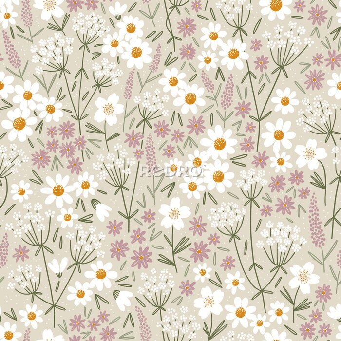 Fototapete Wild and pretty field flowers, pattern illustration