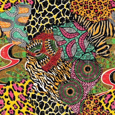Tapete Wild animal skins and traditional african fabric patchwork wallpaper abstract vector seamless pattern