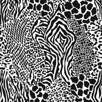 Tapete Wild animal skins patchwork camouflage wallpaper black and white fur abstract vector seamless pattern